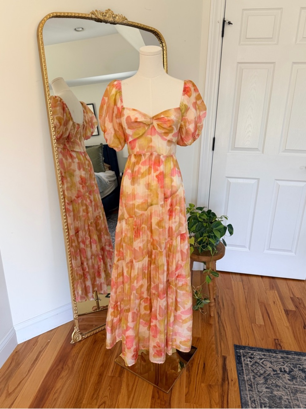 By Together Love Poem Maxi Dress Small Pink Orange Floral Puff Sleeve